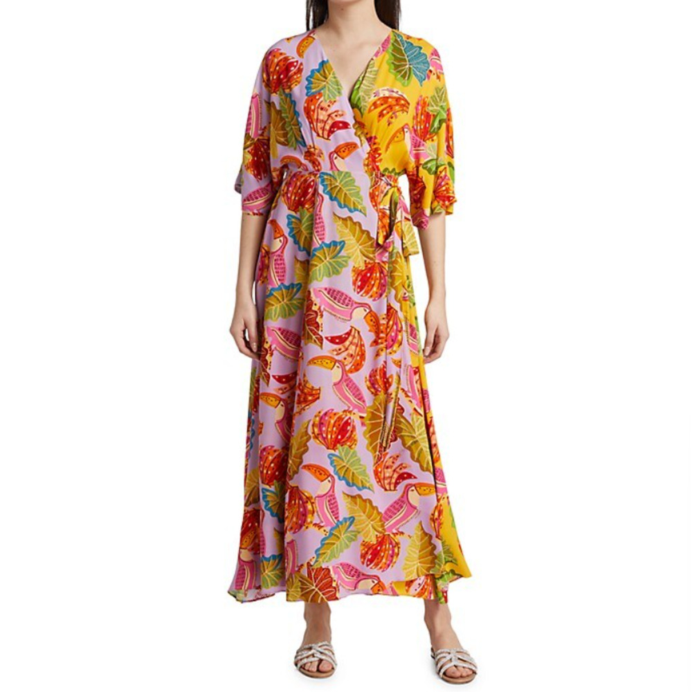 Farm Rio‎ Mixed Beaks & Bananas Maxi Wrap Dress Multicolor Size Small